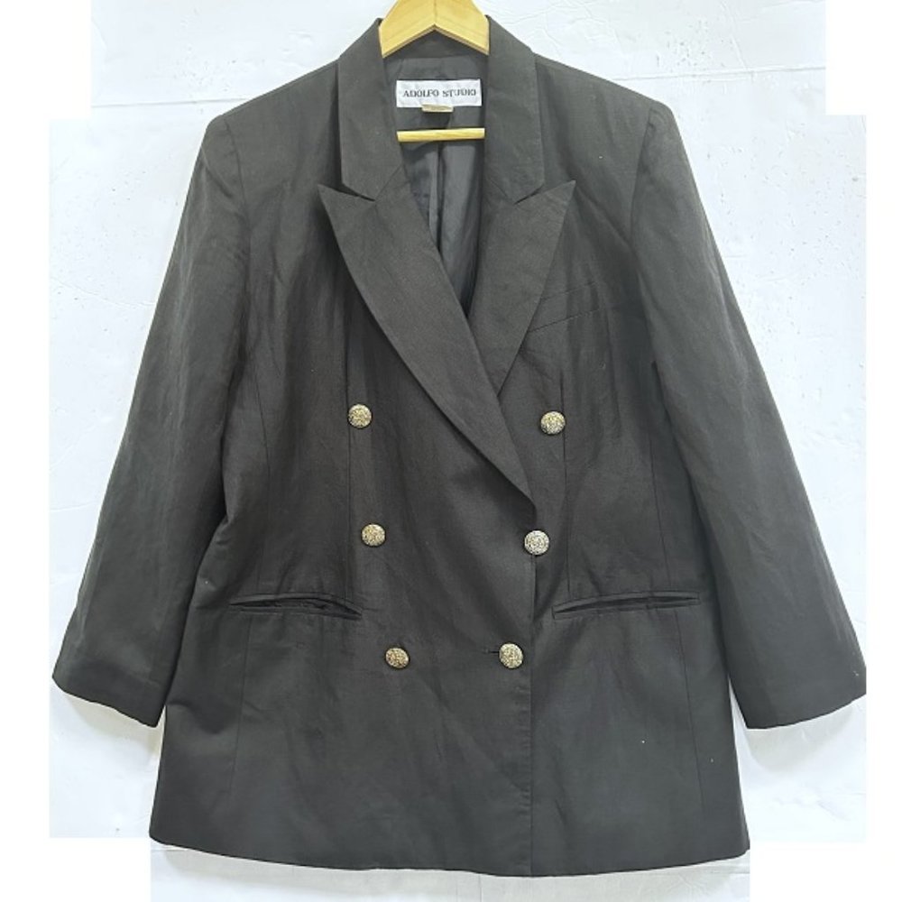 Adolfo Studio Double Breasted Tailored Black Linen Blazer
